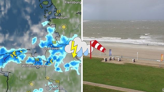 Die linke Grafik zeigt die Wettervorhersage für Dienstag. Es gibt kräftige Schauer und Gewitter. Das rechte Bild zeigt die aufgewühlte Nordsee. (c) foto-webcam.eu
