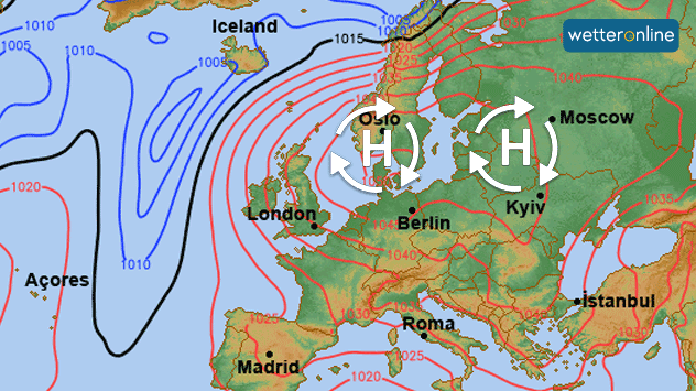 In der Bodendruckkarte sind die beiden Hochdruckgebiete zu sehen.