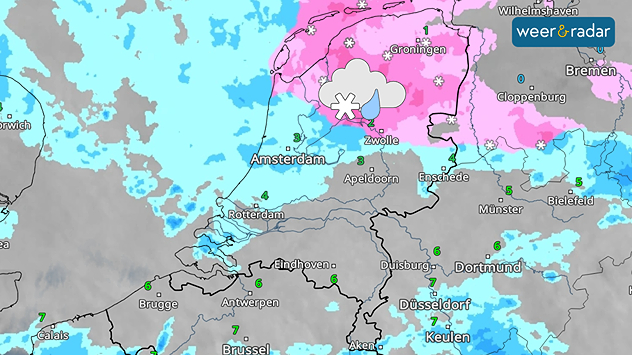 De WeerRadar toont roze kleuren in het noorden met daarmee kans op (natte) sneeuw