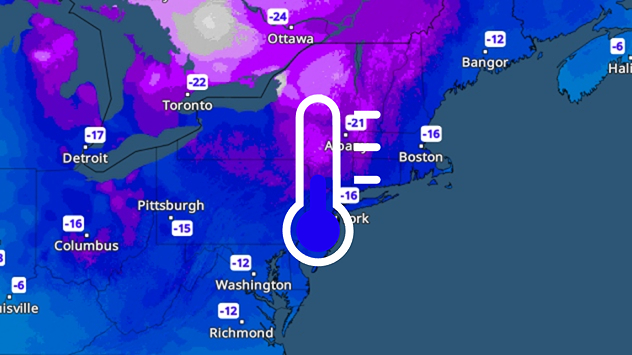 Wetterkarte mit sehr niedrigen Temperaturen im Nordosten der USA und Kanada.