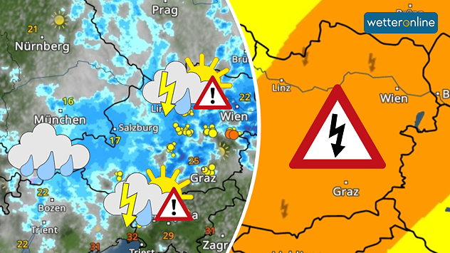 Wetterkarte von Österreich mit verbreiteter Unwettergefahr durch Gewitter, Starkregen und lokalem Hagel.