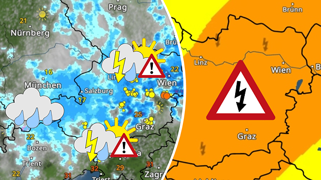 Wetterkarte von Österreich mit verbreiteter Unwettergefahr durch Gewitter, Starkregen und lokalem Hagel.