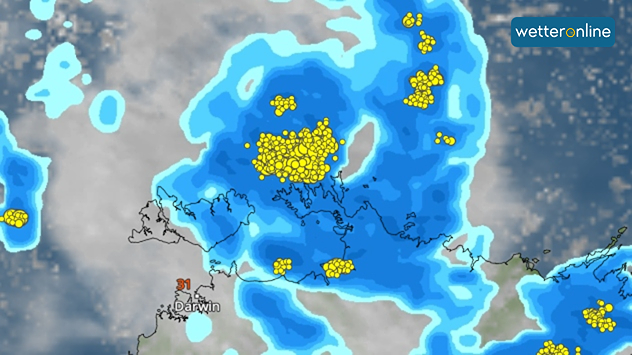 Wetterkarte mit Starkregen und vielen Blitzen über dem Norden Australiens, Schwerpunkt bei Darwin.