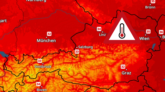 TemperaturRadar für Montag mit hohen Temperaturen in Österreich. In Wien werden bis zu 35 Grad angezeigt.