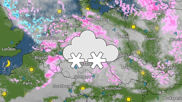 Wetterkarte von Deutschland mit großflächigen Schneefeldern. Temperaturwerte um den Gefrierpunkt angezeigt.