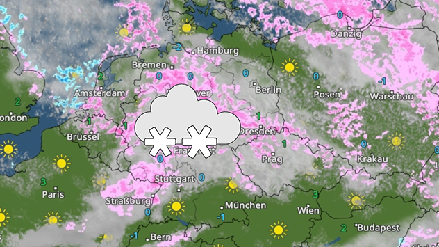 Mitteleuropäische Wetterkarte mit flächigem Schneefall über Deutschland. Schneesymbol kennzeichnet winterliche Niederschläge und Glätte.