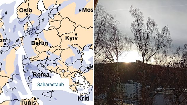 Kombination aus Wetterkarte und Landschaftsbild. Die Karte zeigt Saharastaub aus Nordafrika. Der Himmel wirkt vor Ort leicht diesig. (c) Alexandra Kintscher