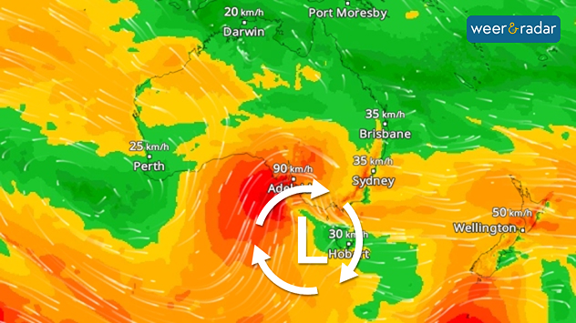 WindRadar: Een krachtige depressie zorgt dit weekend voor zware stormwind aan de kusten van Zuid-Australië.