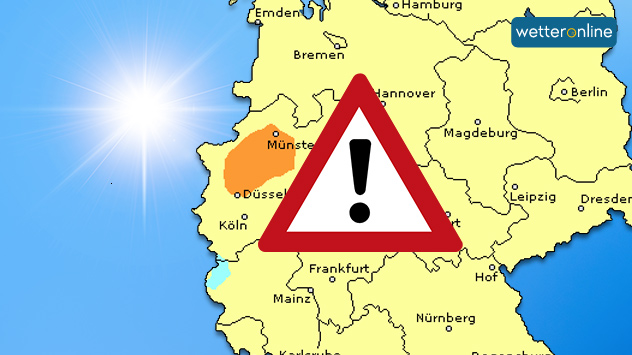 Deutschlandkarte mit farblich markierten Ozonbelastungszonen: orangefarbenes Gebiet um Münster, Warnsymbol in der Landesmitte, Sonnenschein im Hintergrund.