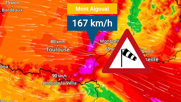Wetterkarte zeigt Orkanböen bis 158 km/h bei Cap Ferret an der Atlantikküste. Starkwindfeld reicht bis in den Raum Bordeaux.