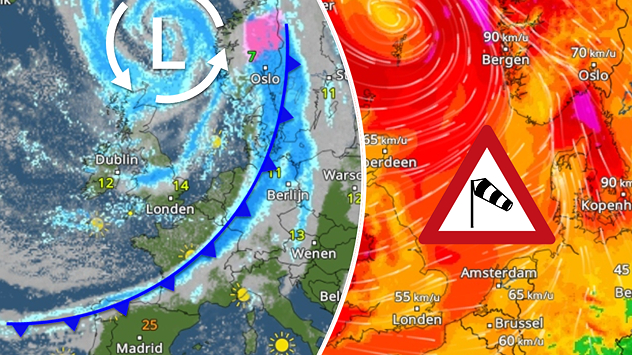 Links toont de weerkaart een lagedrukgebied met een koufront van Ierland tot Scandinavië. Rechts worden zware windstoten tot 100 km/u rond de Noordzee en Noorwegen aangegeven.
