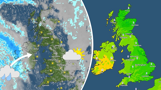 Split image showing UK and Ireland weather radar with rain bands moving east from the Atlantic on the left, and a temperature map on the right shaded green to yellow with milder values over Ireland.