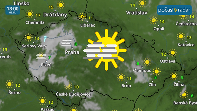 Meteoradar, screenshot, 5. 11. 13:00: Inverzní mlhy a nízká oblačnost se nad částí našeho území udrží po většinu dne.
