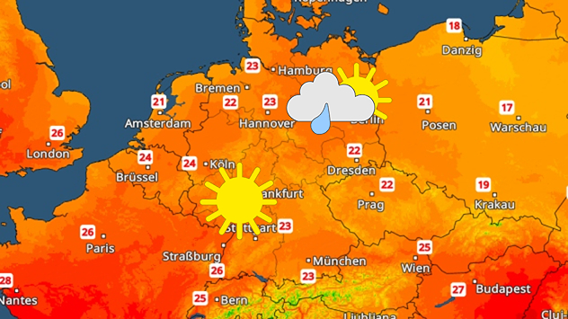 Wettergrafik für Deutschland und angrenzende Teile Mitteleuropas mit den Höchsttemperaturen. In weiten Landesteilen werden sommerliche 22 bis 24 Grad erreicht, im Westen und Südwesten örtlich bis 25 Grad. Über der Landesmitte symbolisiert eine große Sonne freundliches und trockenes Wetter. Im Nordosten zeigt ein Symbol aus Sonne, Wolke und Regentropfen einzelne Schauer oder kurze Gewitter bei zeitweiligem Sonnenschein an. In den Nachbarländern liegen die Temperaturen meist zwischen 21 und 27 Grad, im Westen Frankreichs und auf der Iberischen Halbinsel teils noch höher.