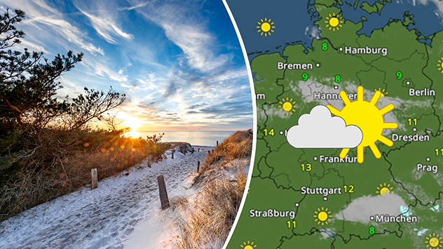 Geteilte Grafik: links Dünenlandschaft am Darßer Ort bei Sonnenuntergang und Vollmond am 02.03.2026, rechts eine WetterRadar-Karte mit viel Sonnenschein.