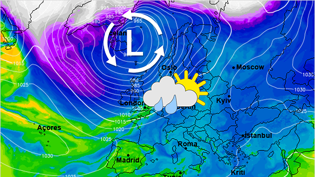 De weerkaart voor eind van de week toont een omvangrijk lagedrukgebied boven IJsland, dat ook bij ons voor een wisselvallig weertype zorgt.