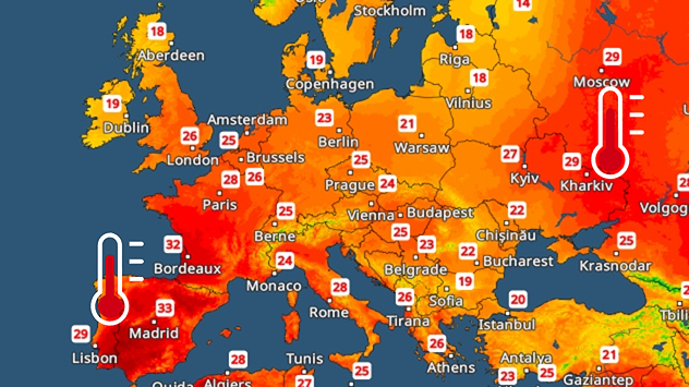 Temperature Radar forecast for Friday in Europe. Very high temperatures across Spain and Eastern Europe, slightly cooler in the north and west.