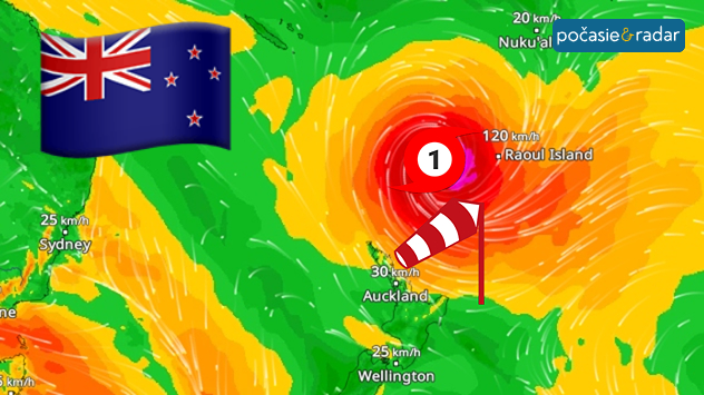 Cyklón pri Novom Zélande s vyznačeným stredom, silným vetrom a smerom pohybu