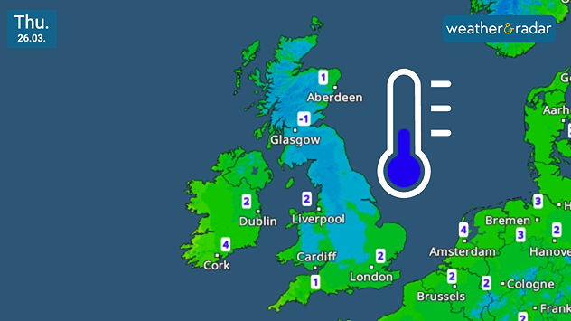 UK and Ireland temperature map dated Thu 26.03 showing widespread low values around −1 to 2 °C, with colder air across Scotland and a blue thermometer icon indicating chilly conditions.