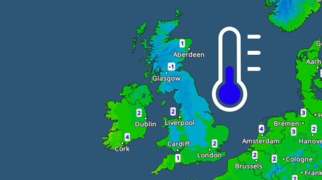 UK and Ireland temperature map dated Thu 26.03 showing widespread low values around −1 to 2 °C, with colder air across Scotland and a blue thermometer icon indicating chilly conditions.
