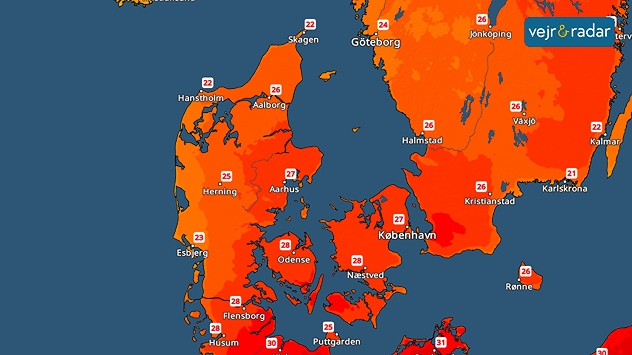 VejrRadar over Danmark med sommervarme og temperaturer op mod 30 grader flere steder i landet.