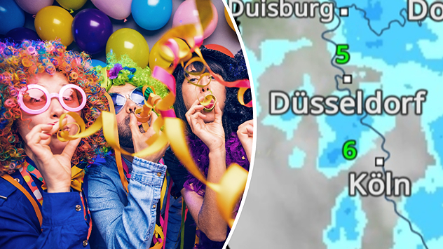 Karnevalsparty mit bunten Kostümen neben Wetterkarte mit Regen über NRW.