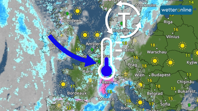 Mapa meteorológico de Europa con zona de baja presión y frente frío. Las flechas indican la entrada de aire frío en Europa Central. Sobre los Alpes se marca una zona de precipitaciones con nieve.