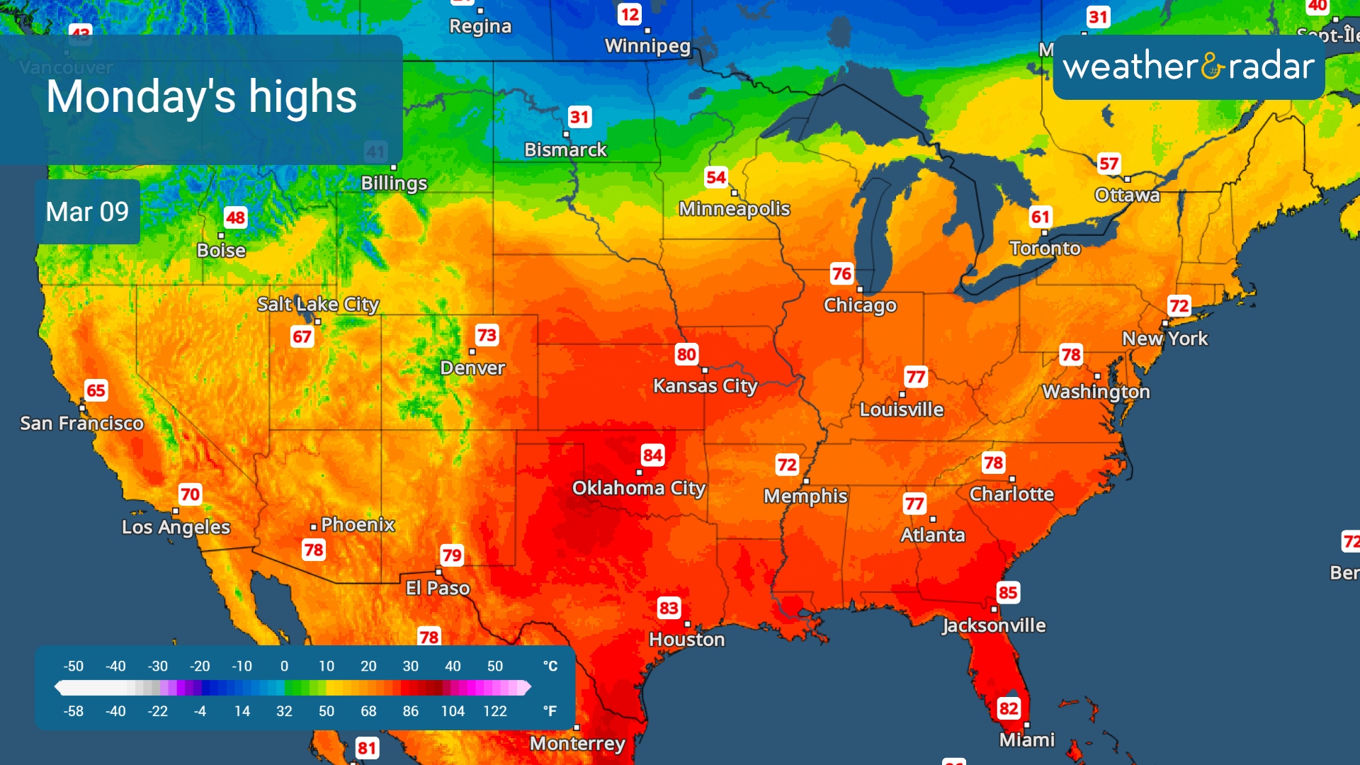The TemperatureRadar shows Monday's high temperatures.
