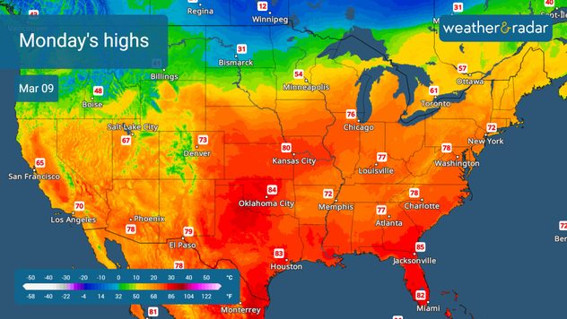 The TemperatureRadar shows Monday's high temperatures.