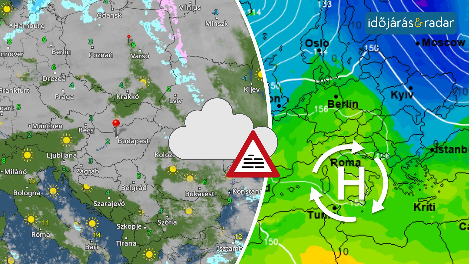 Nyomási térkép, amin látható hohgy magasnyomás, anticiklon uralja hazánk időjárását. A baloldali térképen az IdőjárásRadar, ami felhős eget jelez előre a Kárpát-medencébe.