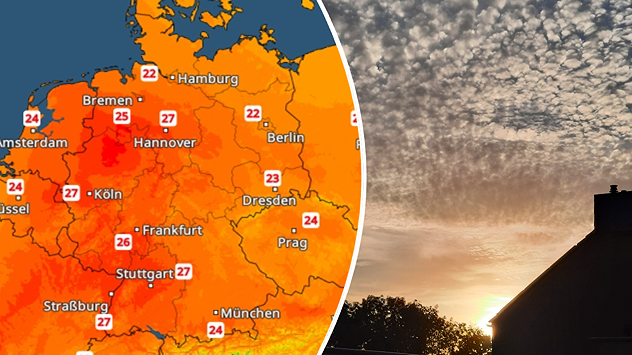 Splitbild. Links eine Temperaturkarte von Deutschland mit Höchstwerten. Rechts Schäfchenwolken am Himmel