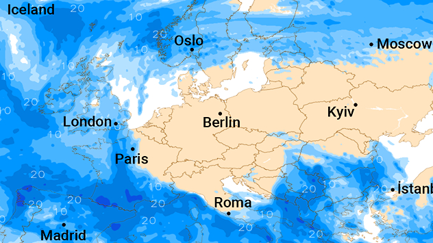 Wetterkarte mit Niederschlägen über Europa, von London bis Rom verbreitet Regen.