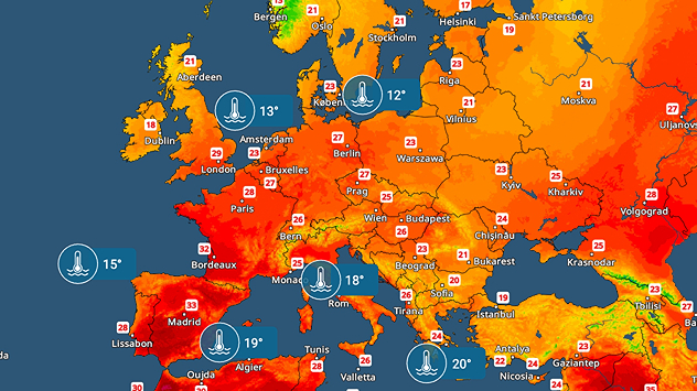 VejrRadar over Europa med store temperaturforskelle og kolde havtemperaturer flere steder.