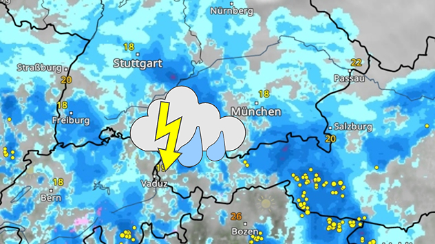 WetterRadar zeigt kräftige Regenfälle und Gewitter über Südbayern, Baden-Württemberg und dem Alpenraum. Ein großes Gewittersymbol mit Blitz und Regentropfen liegt zwischen München und Vaduz. Zahlreiche gelbe Punkte markieren Blitze.