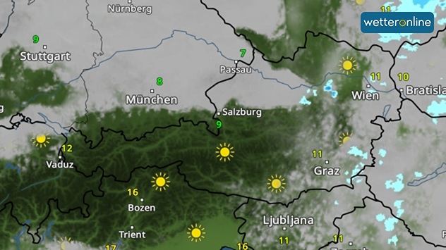 WetterRadar am Samstagnachmittag mit viel Sonne in Österreich.