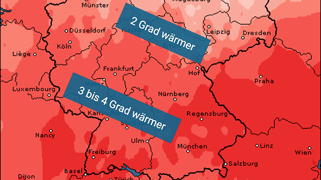 In der Südwesthälfte ist der Sommer 2026 bislang 2 bis 4 Grad wärmer als im Durchschnitt der Jahre 1990 bis 2020.