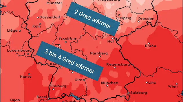 In der Südwesthälfte ist der Sommer 2026 bislang 2 bis 4 Grad wärmer als im Durchschnitt der Jahre 1990 bis 2020.