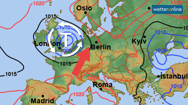Wetterkarte mit Tief und Warmluftpfeil
