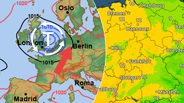 Wetterkarte mit Tief und Warmluftpfeil sowie Temperaturen Dienstag früh