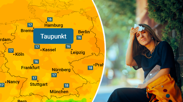 Taupunkt steigt - Frau sitzt auf Bank mit Tuch an Stirn