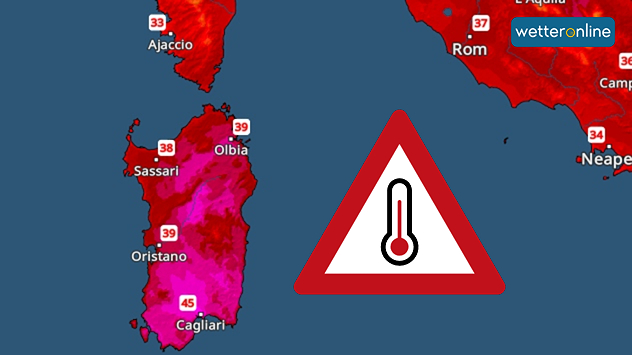 Eine Temperaturkarte von Sardinien zeigt 38 bis 46 Grad an.