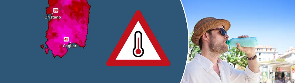 Eine Temperaturkarte von Sardinien zeigt 38 bis 46 Grad an.