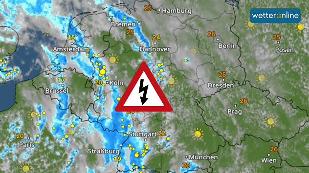 WetterRadar mit Gewitterlinie über Westdeutschland. Zahlreiche Blitzsymbole zeigen aktive Gewitter zwischen Nordrhein-Westfalen und Baden-Württemberg.
