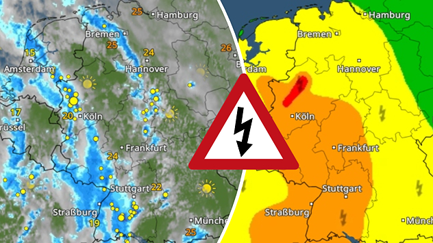 Geteilte Grafik mit WetterRadar und Gewitterwarnkarte. Eine aktive Gewitterfront zieht über Westdeutschland, dazu besteht erhöhte Gewittergefahr in mehreren Bundesländern.