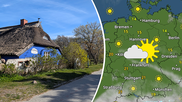 Geteilte Ansicht: Links ein Reetdachhaus auf Hiddensee am 27.4.26 unter blauem Himmel, umgeben von Bäumen und einem Weg; rechts eine WetterRadar-Karte mit Sonne, Wolken und Symbolen über Deutschland.