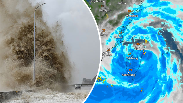 Durch Taifun GAEMI ausgelöste hohe Wellen treffen Küstenstraße