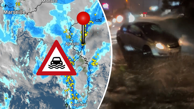 Le radar météo montre de fortes précipitations sur le sud de la France, le nord de l'Italie, la Corse et la Sardaigne. Un symbole d'alerte signale un risque d'inondation.