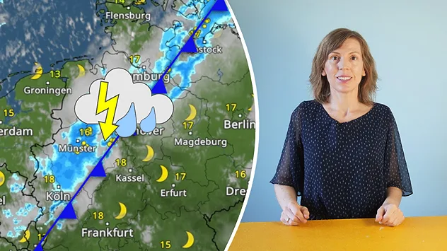 Eine Kaltfront zieht aktuell von Westen her über Deutschland. Entlang der Front gibt es einen schmalen Streifen mit teils kräftigem Regen und Gewittern. Vor allem von NRW bis Schleswig-Holstein kann es ordentlich krachen. Hinter der Front lockert es nach und nach wieder auf. Rechts im Bild ist eine Moderatorin vor hellblauem Hintergrund zu sehen. Links zeigt eine Wetterkarte die Gewitterlinie mit einer blauen Kaltfront, Regenfeldern und einem Blitzsymbol.