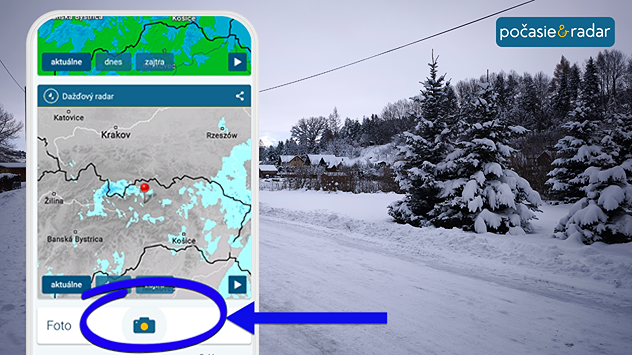 Vyznačenie miesta, kde sa v aplikácii dajú posielať fotografie snehu, v pozadí zasnežená krajina