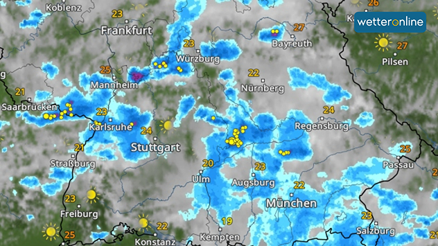 WetterRadar zeigt Regengüsse und Gewitter